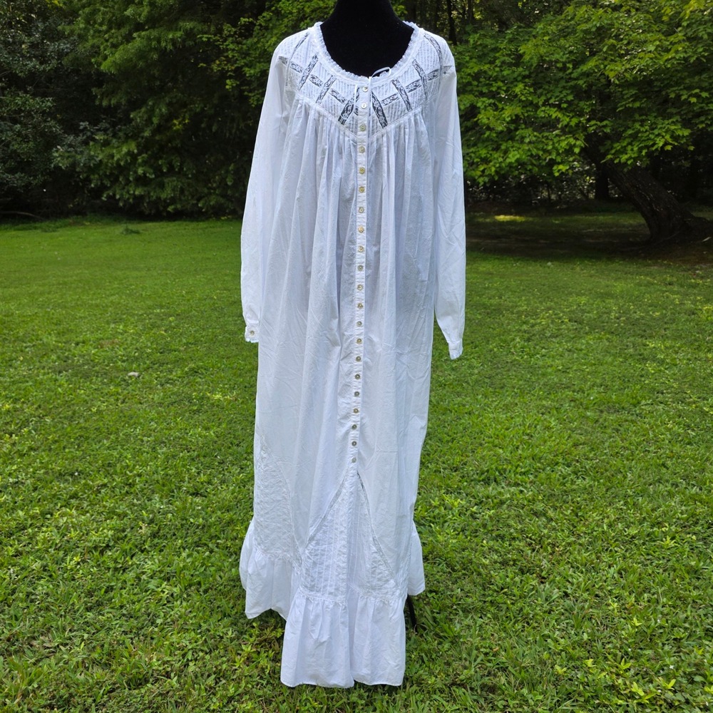 Eileen West White Cotton Women Large Nightgown Lace Pintuck Long Sleeve Dress